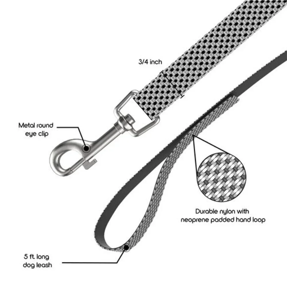 Nylon 5ft Anti-Shock Padded Dog Leash, Gray - For Medium Size Dogs
